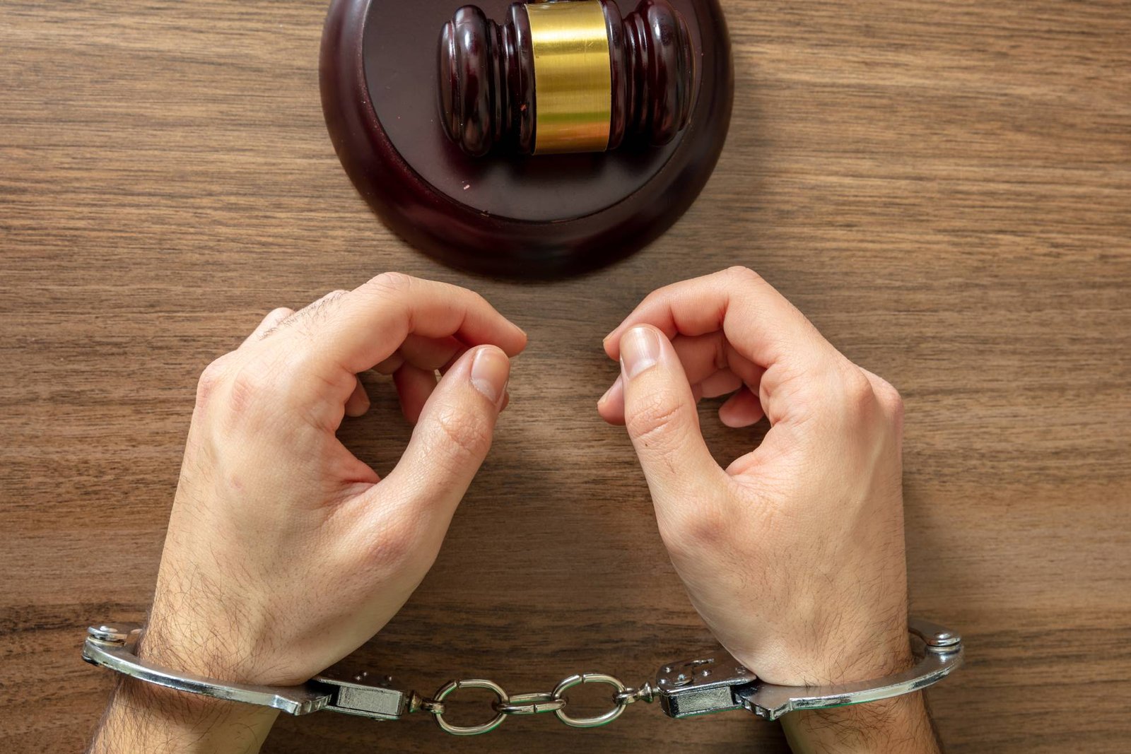 Handcuffed Convict. Court sentence Prison. Handcuff locked and judge gavel on table, top view..